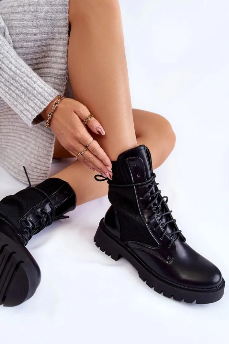 Outlet Boto Skórzane Skarpetkowe Botki Sznurowane Czarne Riston
