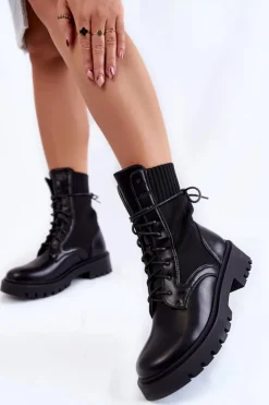 Outlet Boto Skórzane Skarpetkowe Botki Sznurowane Czarne Riston