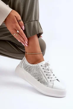 Sale Damskie buty S.Barski Skórzane Sneakersy Damskie Na Platformie Białe S.Barski LR505