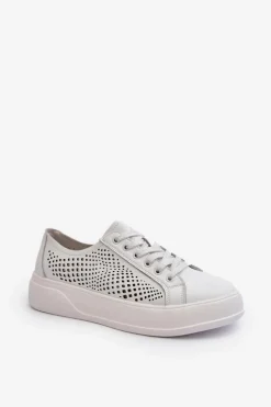 Sale Damskie buty S.Barski Skórzane Sneakersy Damskie Na Platformie Białe S.Barski LR505