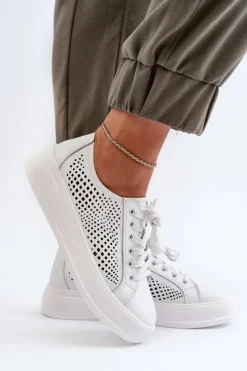 Sale Damskie buty S.Barski Skórzane Sneakersy Damskie Na Platformie Białe S.Barski LR505