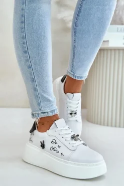 New Buty damskie Vinceza Skórzane Sneakersy Damskie Na Platformie Z Przypinkami I Napisem Vinceza 89102 Białe Biały