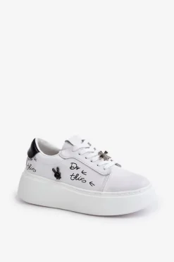 New Buty damskie Vinceza Skórzane Sneakersy Damskie Na Platformie Z Przypinkami I Napisem Vinceza 89102 Białe Biały