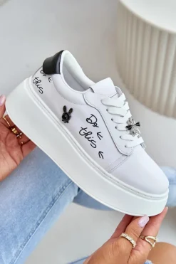 New Buty damskie Vinceza Skórzane Sneakersy Damskie Na Platformie Z Przypinkami I Napisem Vinceza 89102 Białe Biały