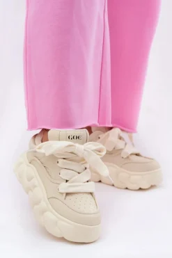 GOE Sneakersy Damskie*Skórzane Sneakersy Damskie Na Masywnej Platformie RR2N4043 Beżowe Beżowy