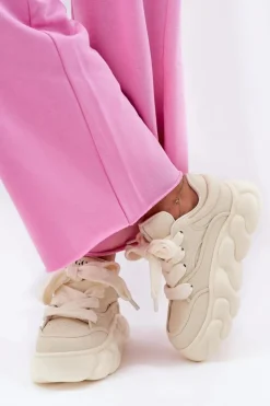 GOE Sneakersy Damskie*Skórzane Sneakersy Damskie Na Masywnej Platformie RR2N4043 Beżowe Beżowy