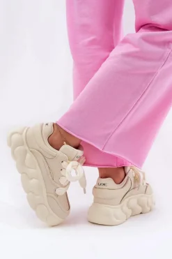 GOE Sneakersy Damskie*Skórzane Sneakersy Damskie Na Masywnej Platformie RR2N4043 Beżowe Beżowy
