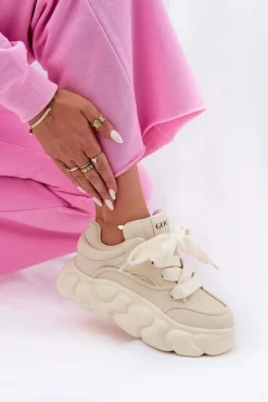 GOE Sneakersy Damskie*Skórzane Sneakersy Damskie Na Masywnej Platformie RR2N4043 Beżowe Beżowy