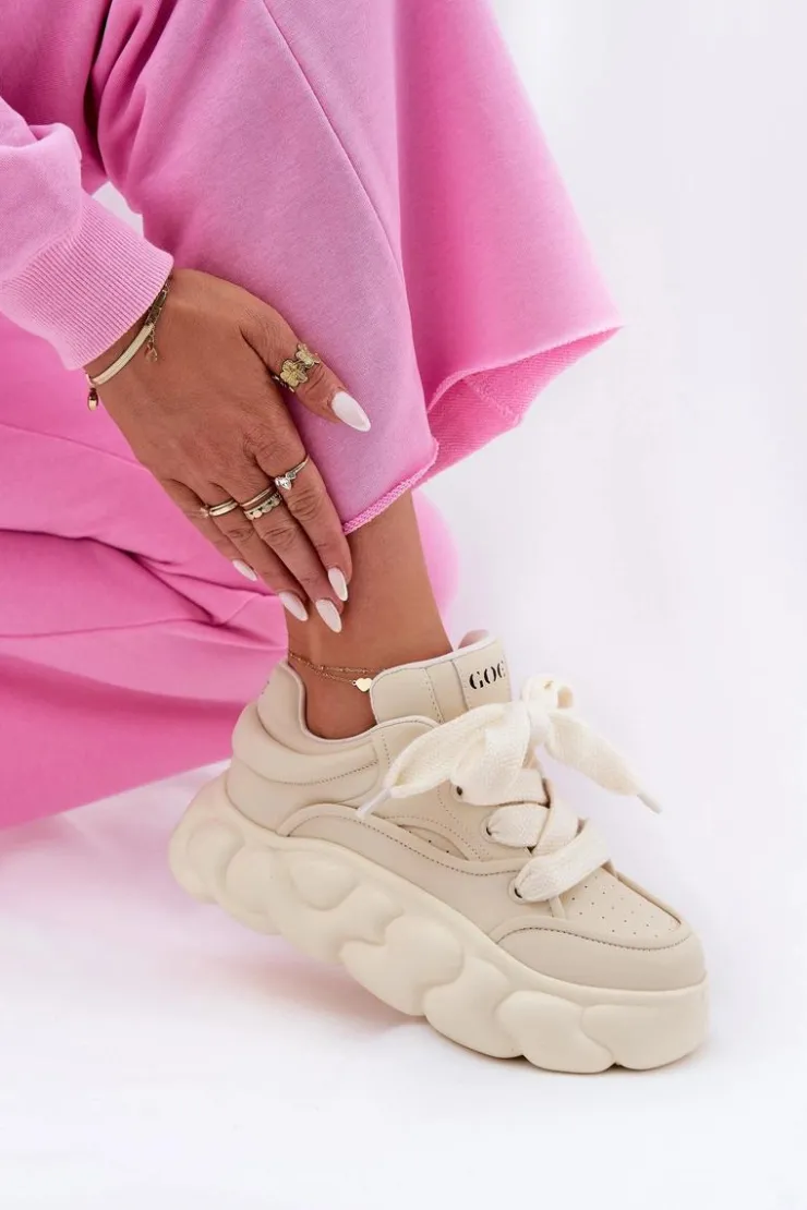 GOE Sneakersy Damskie*Skórzane Sneakersy Damskie Na Masywnej Platformie RR2N4043 Beżowe Beżowy