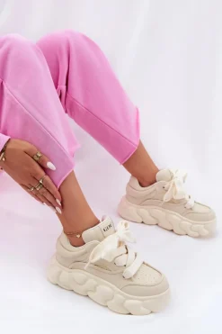 GOE Sneakersy Damskie*Skórzane Sneakersy Damskie Na Masywnej Platformie RR2N4043 Beżowe Beżowy