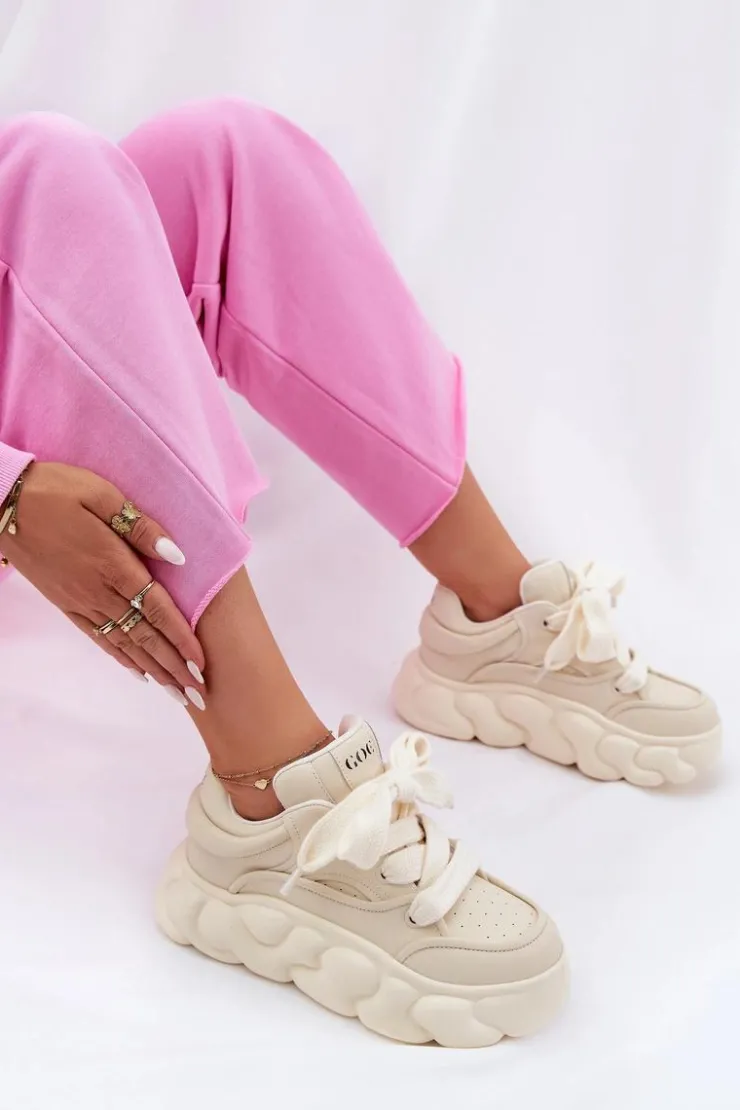 GOE Sneakersy Damskie*Skórzane Sneakersy Damskie Na Masywnej Platformie RR2N4043 Beżowe Beżowy