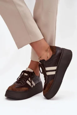 Damskie Zazoo Skórzane Sneakersy Damskie Na Platformie 3775 Czekoladowe