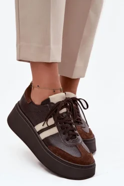 Damskie Zazoo Skórzane Sneakersy Damskie Na Platformie 3775 Czekoladowe