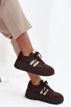 Damskie Zazoo Skórzane Sneakersy Damskie Na Platformie 3775 Czekoladowe