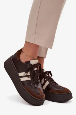 Damskie Zazoo Skórzane Sneakersy Damskie Na Platformie 3775 Czekoladowe
