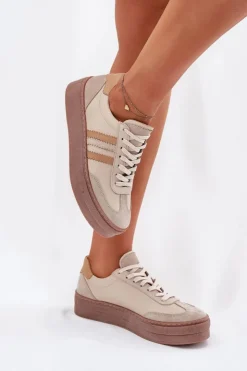 Clearance Zazoo Skórzane Sneakersy Damskie Na Platformie N1234 Beżowe Beżowy