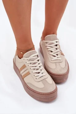 Clearance Zazoo Skórzane Sneakersy Damskie Na Platformie N1234 Beżowe Beżowy