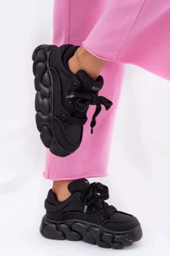 Clearance GOE Skórzane Sneakersy Damskie Na Masywnej Platformie RR2N4044 Czarne Czarny