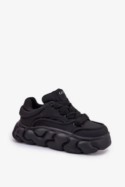 Clearance GOE Skórzane Sneakersy Damskie Na Masywnej Platformie RR2N4044 Czarne Czarny