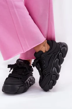 Clearance GOE Skórzane Sneakersy Damskie Na Masywnej Platformie RR2N4044 Czarne Czarny