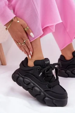Clearance GOE Skórzane Sneakersy Damskie Na Masywnej Platformie RR2N4044 Czarne Czarny