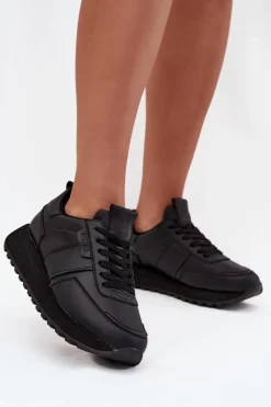 Sale Big Star Shoes Skórzane Sneakersy Damskie Na Platformie Big Star OO274573 Hi-Poly System Czarne