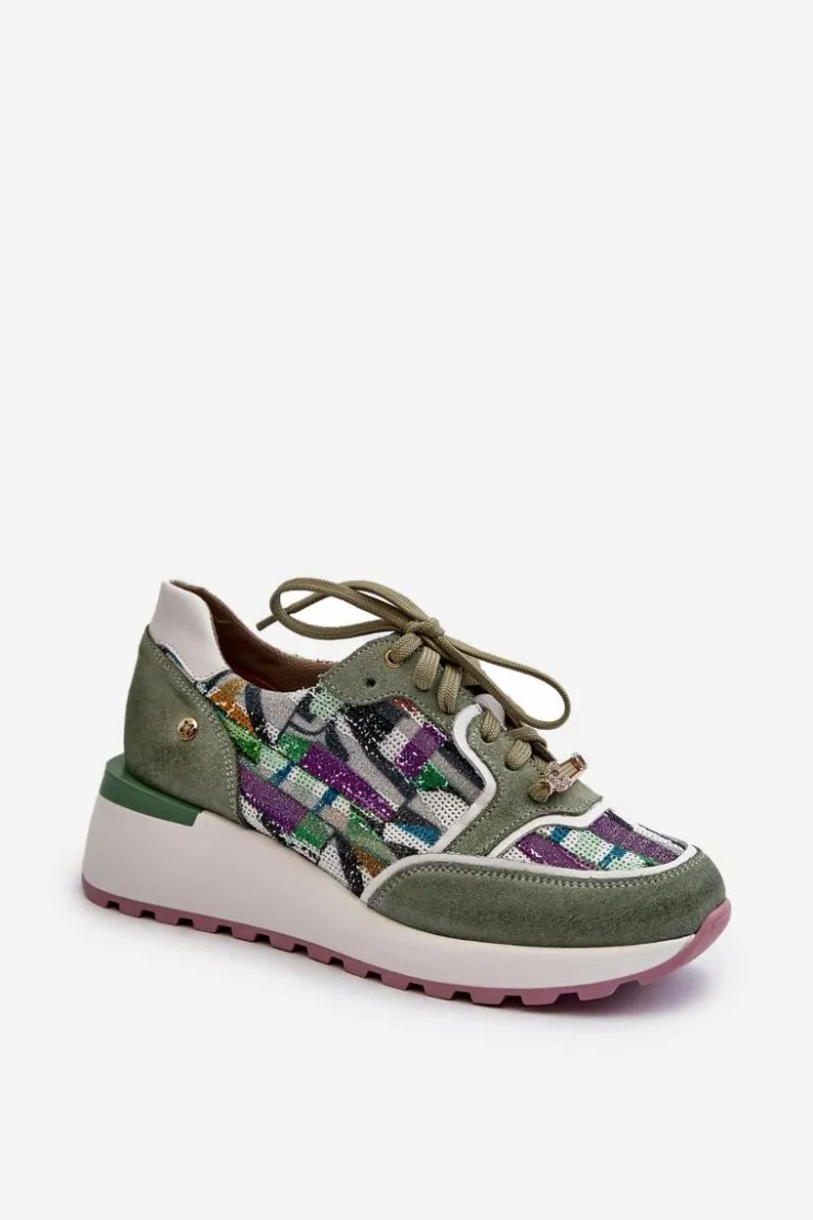 Damskie Maciejka Skórzane Sneakersy Damskie Na Platformie 06390-09 Seledynowe