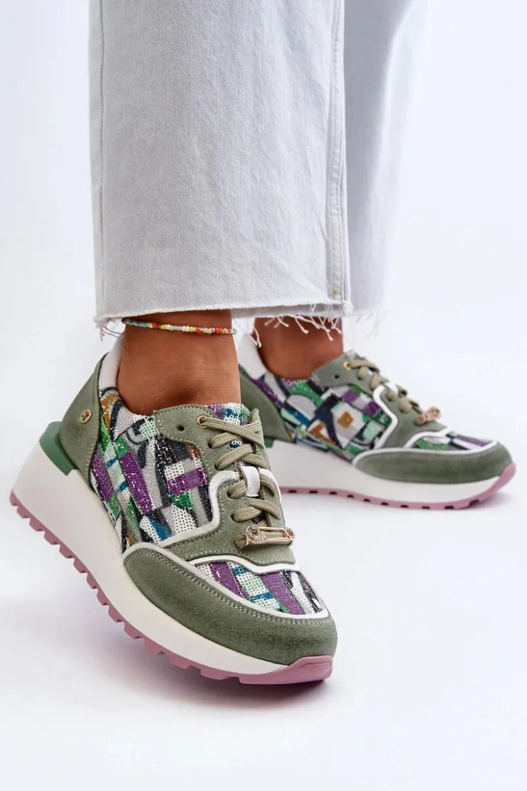 Damskie Maciejka Skórzane Sneakersy Damskie Na Platformie 06390-09 Seledynowe