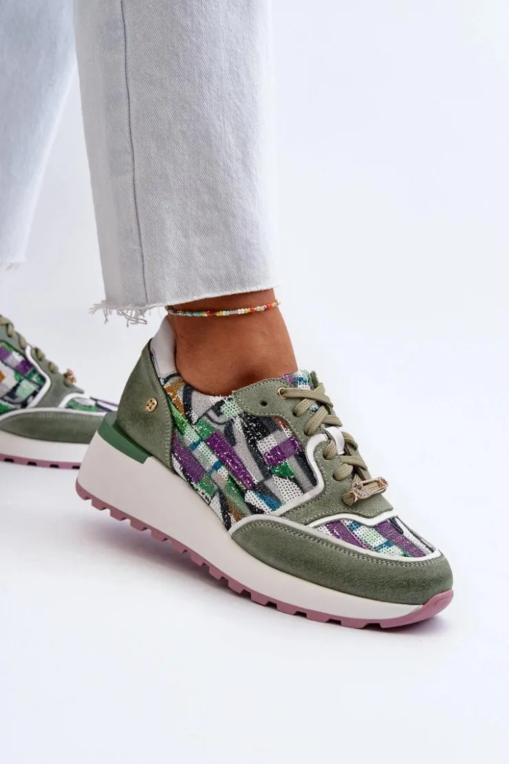 Damskie Maciejka Skórzane Sneakersy Damskie Na Platformie 06390-09 Seledynowe