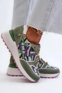 Damskie Maciejka Skórzane Sneakersy Damskie Na Platformie 06390-09 Seledynowe