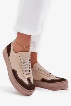 Sale Zazoo Skórzane Sneakersy Damskie Na Platformie N1269S2 Beżowe Beżowy