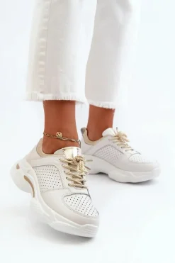 Online Evento Skórzane Sneakersy Damskie Na Grubej Podeszwie Biało-Złote Dzumati