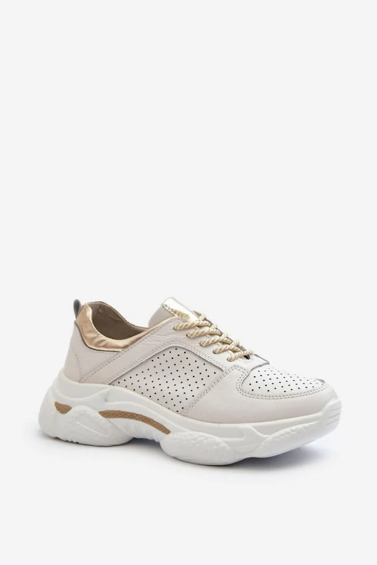Online Evento Skórzane Sneakersy Damskie Na Grubej Podeszwie Biało-Złote Dzumati