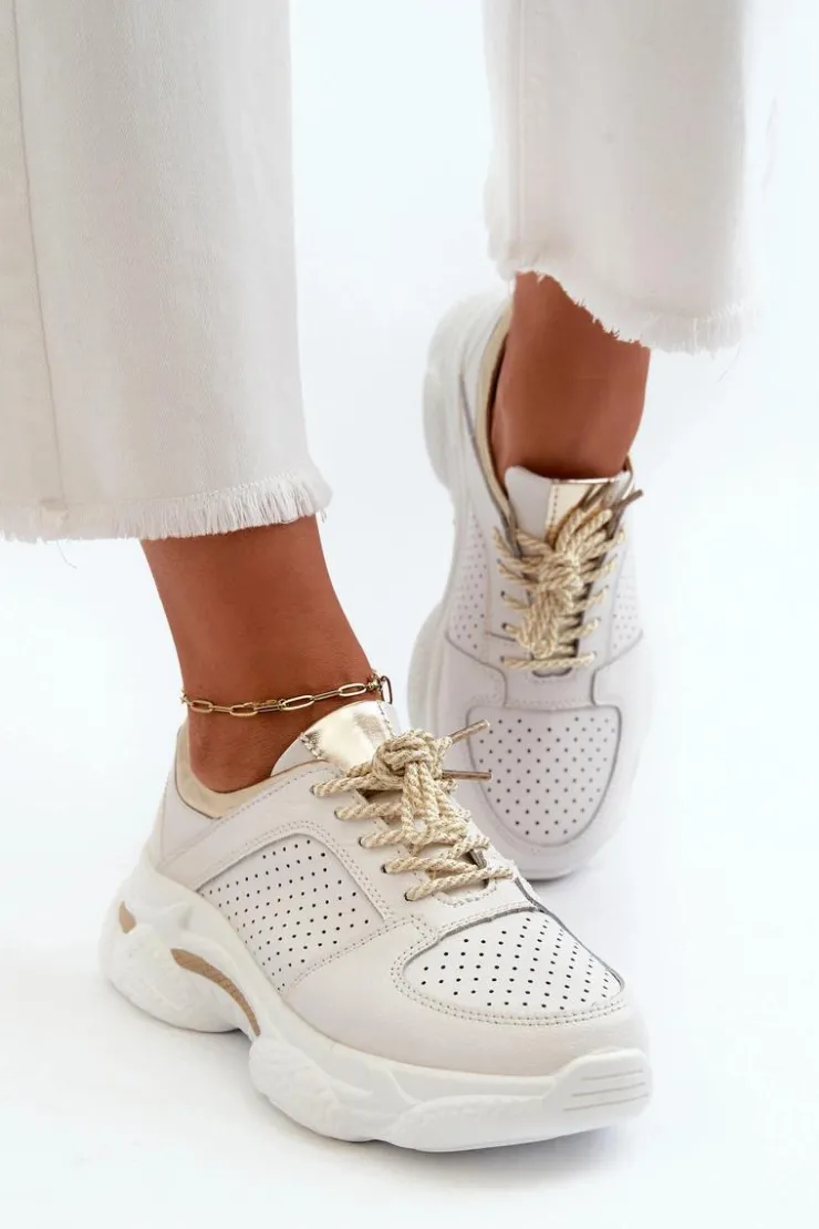 Online Evento Skórzane Sneakersy Damskie Na Grubej Podeszwie Biało-Złote Dzumati