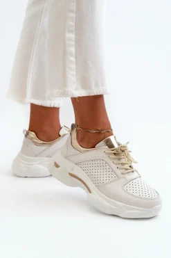 Online Evento Skórzane Sneakersy Damskie Na Grubej Podeszwie Biało-Złote Dzumati