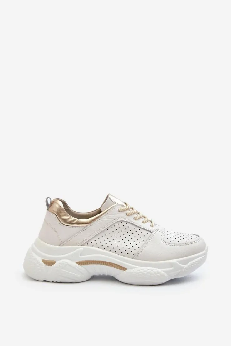 Online Evento Skórzane Sneakersy Damskie Na Grubej Podeszwie Biało-Złote Dzumati