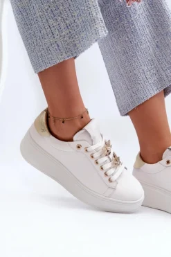 Damskie Damskie buty S.Barski Skórzane Sneakersy Damskie Na Platformie Z Przypinkami D&A SN67 Białe