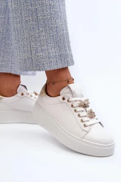 Damskie Damskie buty S.Barski Skórzane Sneakersy Damskie Na Platformie Z Przypinkami D&A SN67 Białe