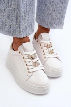 Damskie Damskie buty S.Barski Skórzane Sneakersy Damskie Na Platformie Z Przypinkami D&A SN67 Białe