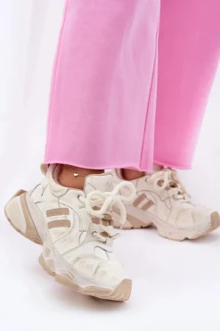 Outlet GOE Skórzane Sneakersy Damskie RR2N4037 Beżowe Beżowy