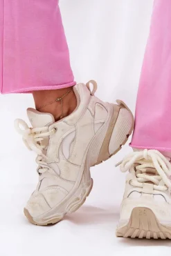 Outlet GOE Skórzane Sneakersy Damskie RR2N4037 Beżowe Beżowy