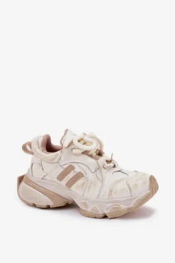 Outlet GOE Skórzane Sneakersy Damskie RR2N4037 Beżowe Beżowy