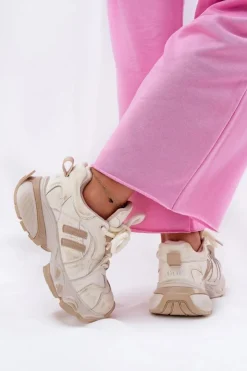 Outlet GOE Skórzane Sneakersy Damskie RR2N4037 Beżowe Beżowy