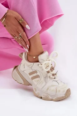 Outlet GOE Skórzane Sneakersy Damskie RR2N4037 Beżowe Beżowy