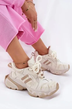 Outlet GOE Skórzane Sneakersy Damskie RR2N4037 Beżowe Beżowy