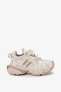 Outlet GOE Skórzane Sneakersy Damskie RR2N4037 Beżowe Beżowy