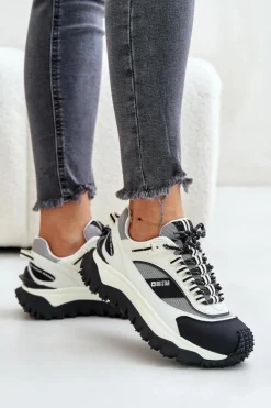 Damskie Big Star Shoes Skórzane Sneakersy Damskie Na Platformie Big Star OO274A220 HI-POLY SYSTEM Biało-Czarne