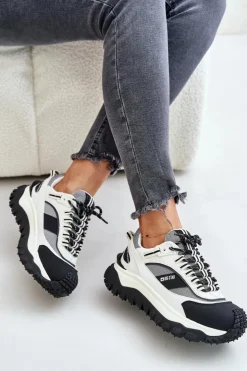 Damskie Big Star Shoes Skórzane Sneakersy Damskie Na Platformie Big Star OO274A220 HI-POLY SYSTEM Biało-Czarne