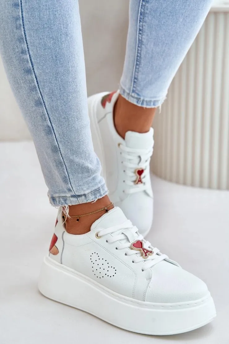 New Buty damskie Vinceza Skórzane Sneakersy Damskie Na Platformie Z Przypinką I Ozdobnym Kwiatem 89100 Białe