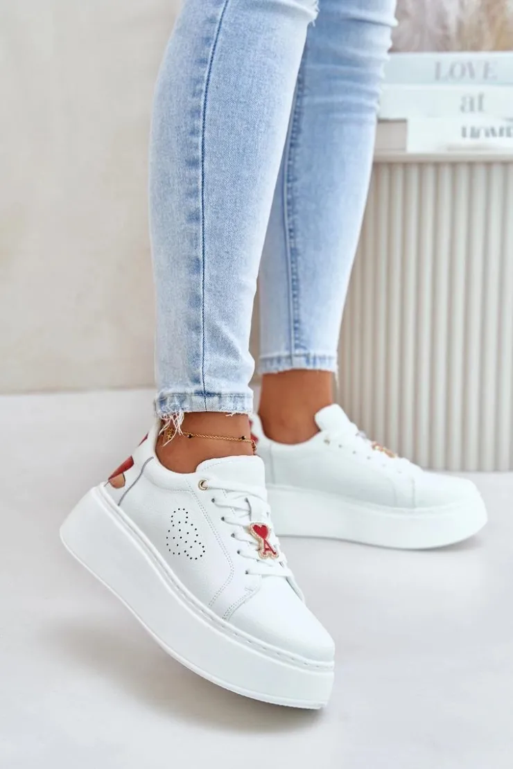 New Buty damskie Vinceza Skórzane Sneakersy Damskie Na Platformie Z Przypinką I Ozdobnym Kwiatem 89100 Białe